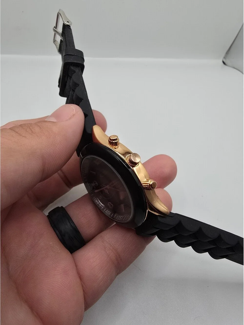 Geneva Quartz Analog Multi-Dial Watch Black Dial Gold Tone Case Black Silicone